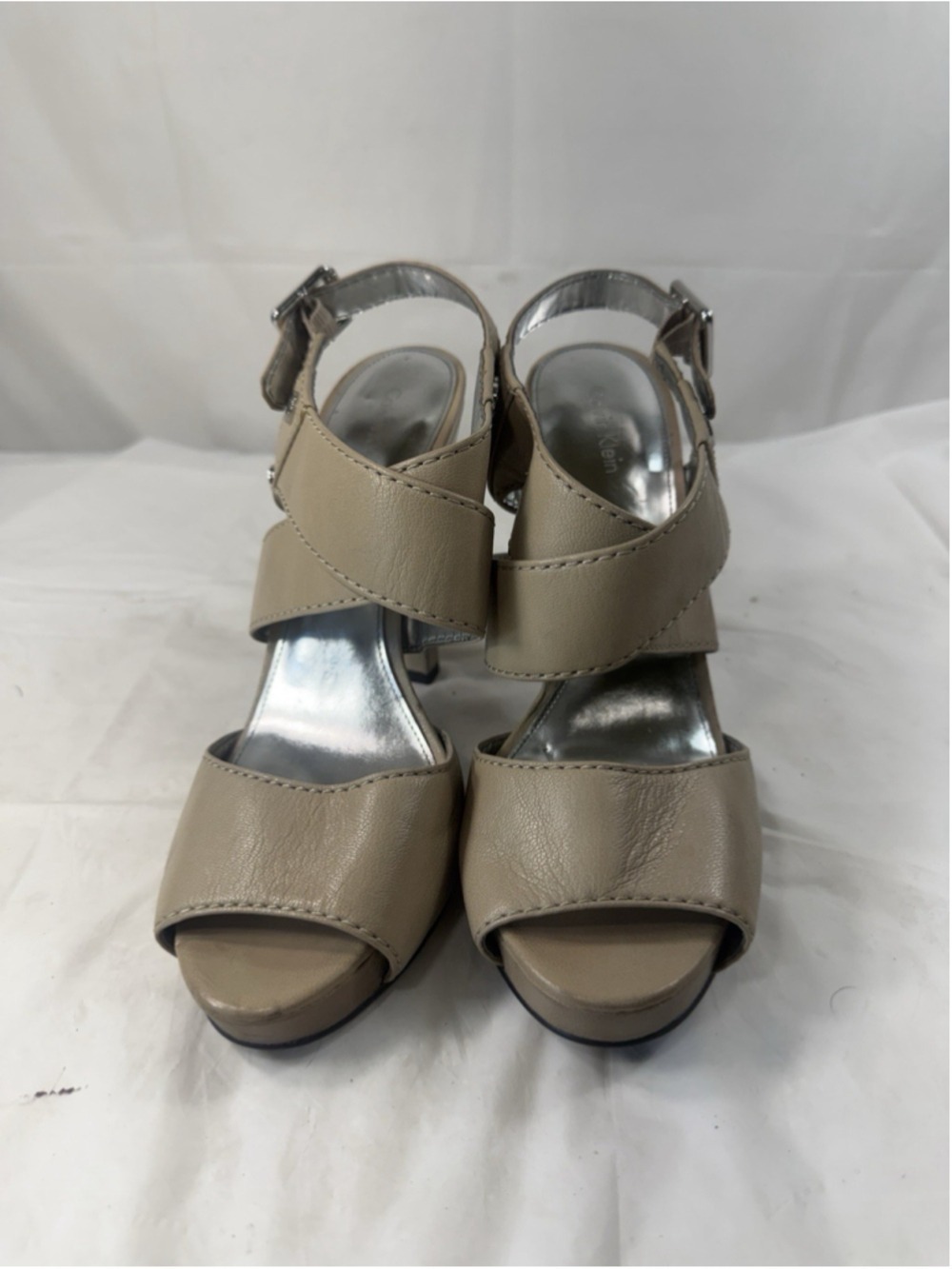 Calvin Klein Prima Heel Womens Platform Ankle Leather Pumps Sz 9 TAUPE
